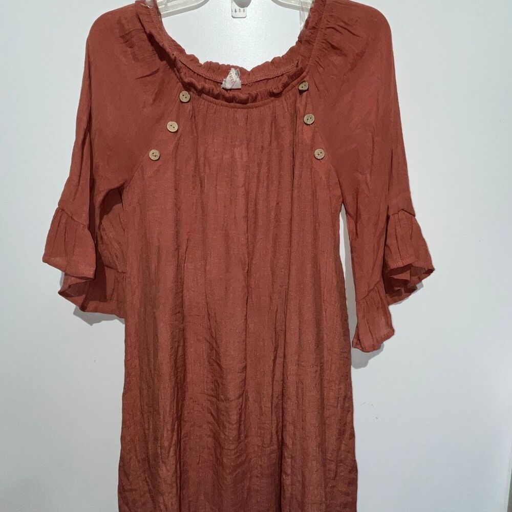 Naif Women's Brown Crinkle 3/4  Bell Sleeve Pullover Lined Shift Dress Medium‎